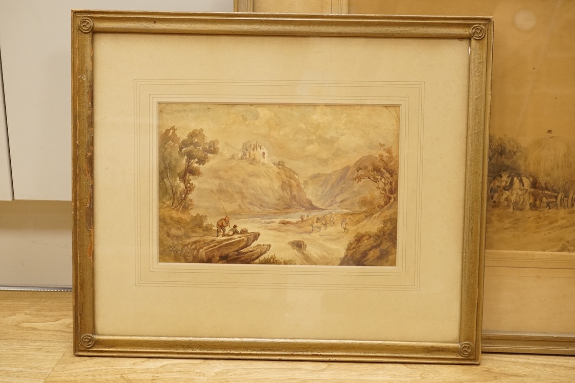 David Cox (1809-1885), Haymaking scene, signed and dated 1854, together with another smaller work, Riverscape with anglers, signed, two watercolours, 29 x 41cm